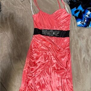 Elegant Coral Satin Dress with Black Accent
